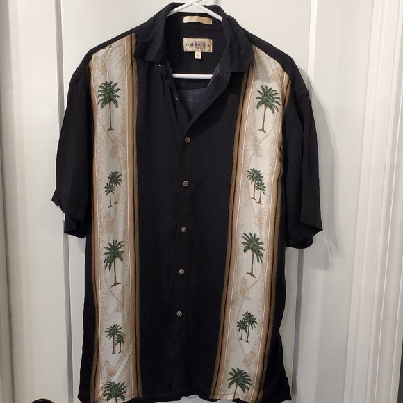 Campia Moda Mens Medium Black Hawaiian Shirt Short Sleeve cuban style Palm Trees - Picture 1 of 5